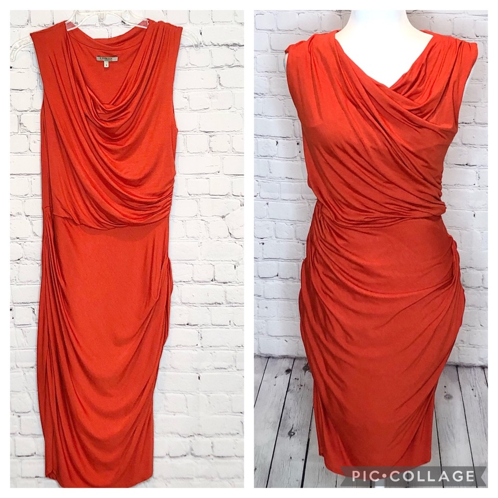 Anthropologie Bordeaux Tangerine Orange Ruched Bodycon Dress S